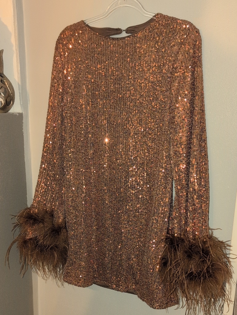 Fashion Nova Copper Sequin Feather Cuff Crewneck Sweater